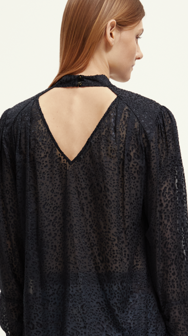 Mock Neck Open Back Blouse