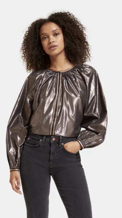 Shiny Balloon Sleeve Embroidered Top