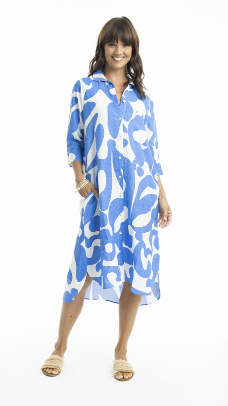 Print linen midi collar shirt dress