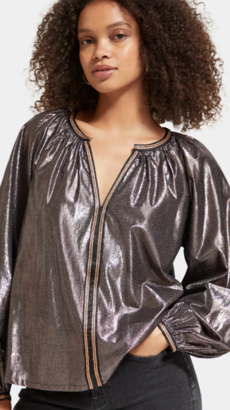 Shiny Balloon Sleeve Embroidered Top