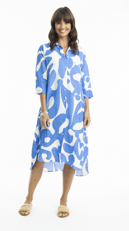 Print linen midi collar shirt dress